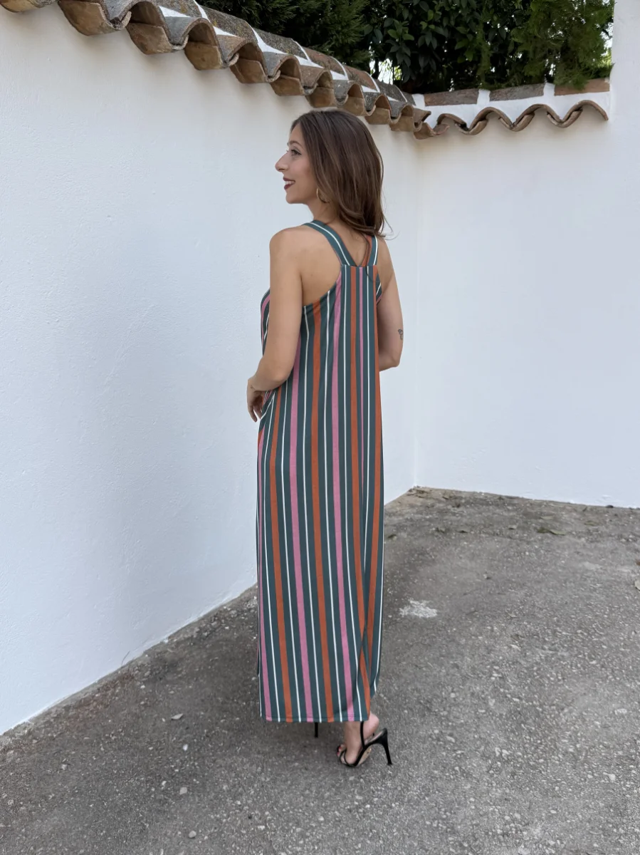 Vestido Licra Fría Rayas Verde - Imagen 3