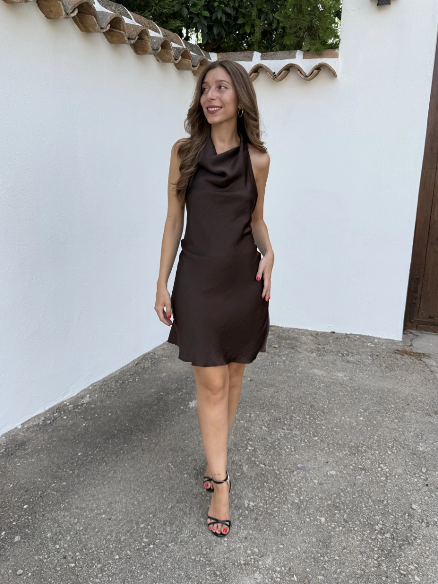 Vestido Satén Mini Marrón