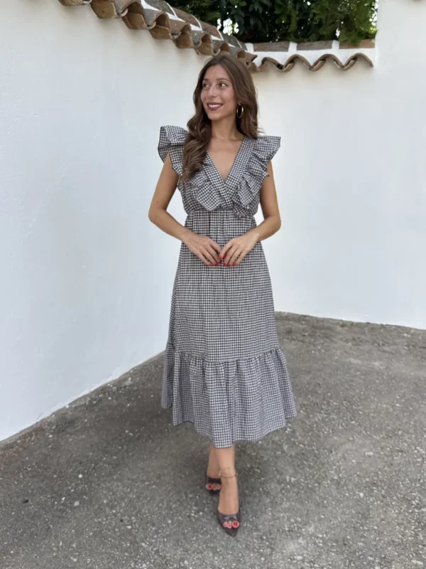 Vestido Volante Vichy Marrón