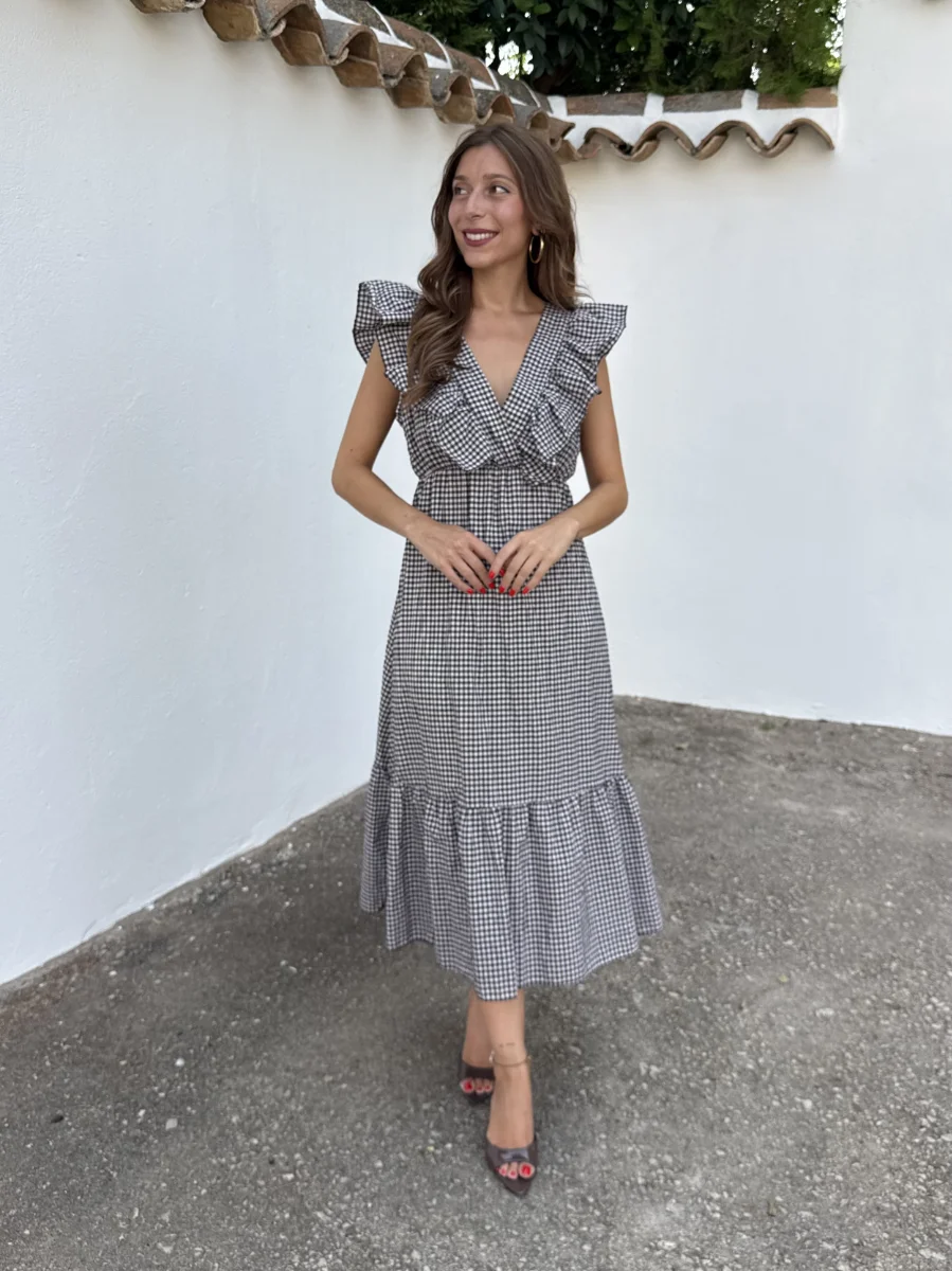 Vestido Volante Vichy Marrón