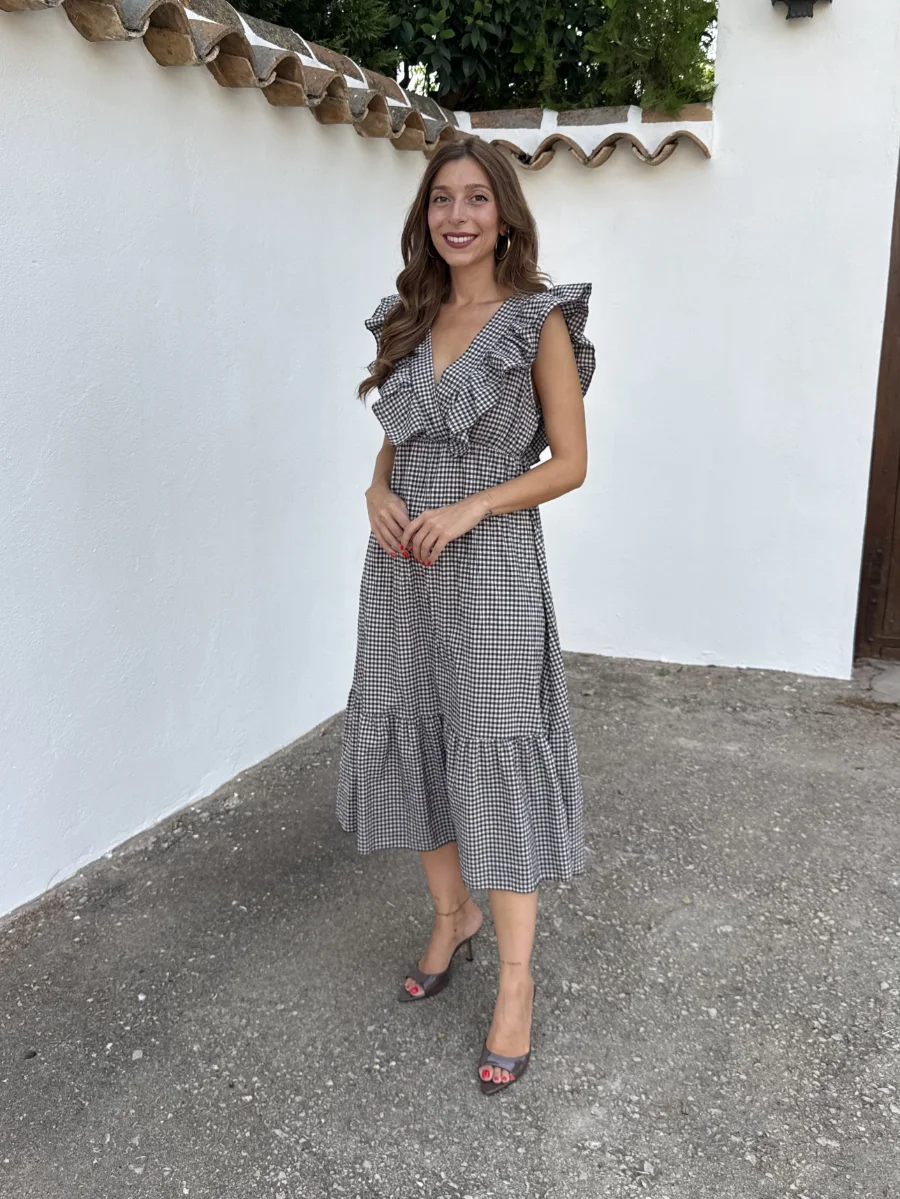 Vestido Volante Vichy Marrón - Imagen 4
