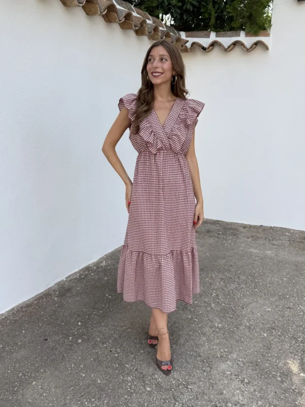 Vestido Volante Vichy Burdeos