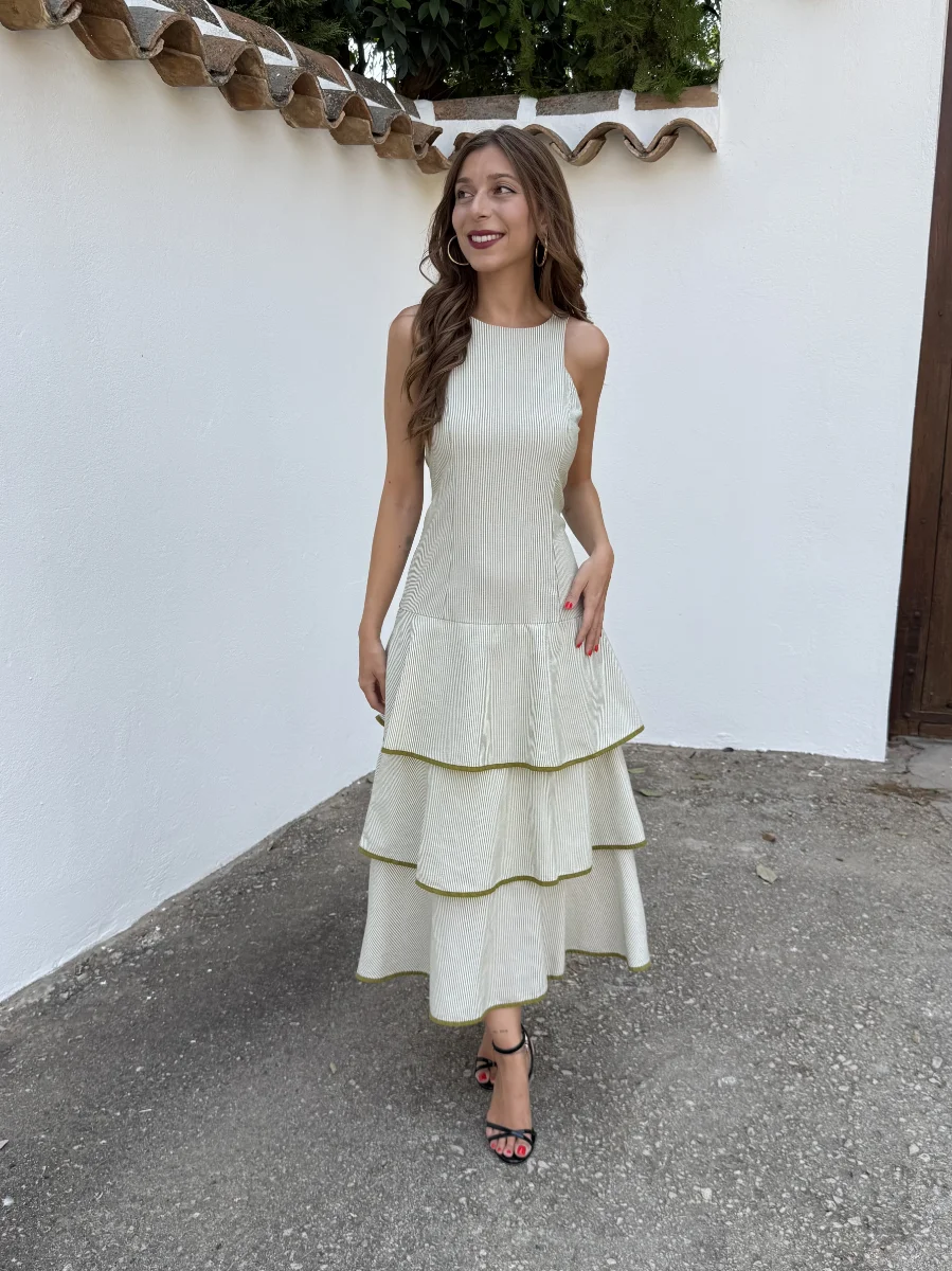 Vestido Volantes Rayas Verde