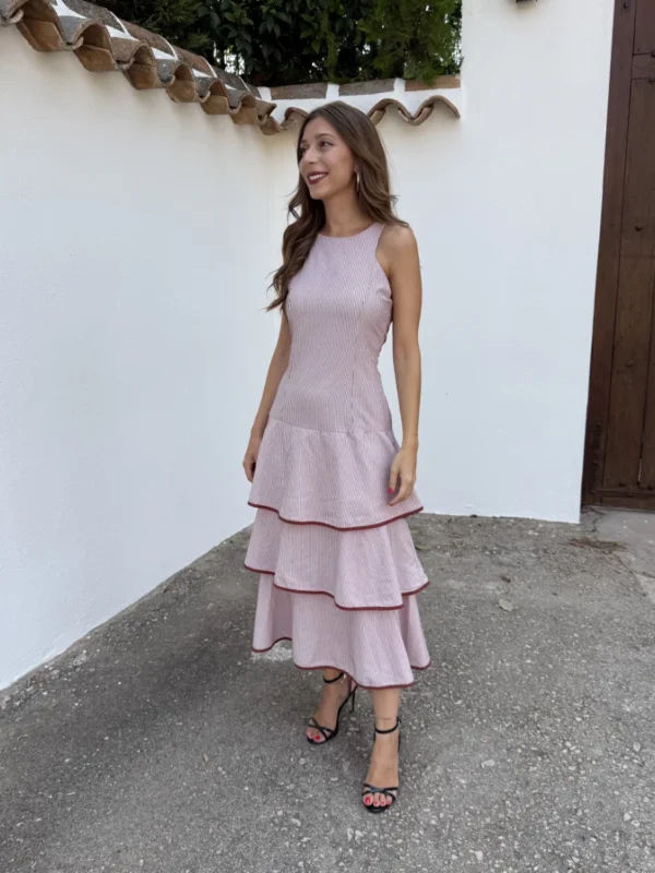 Vestido Volantes Rayas Rosa